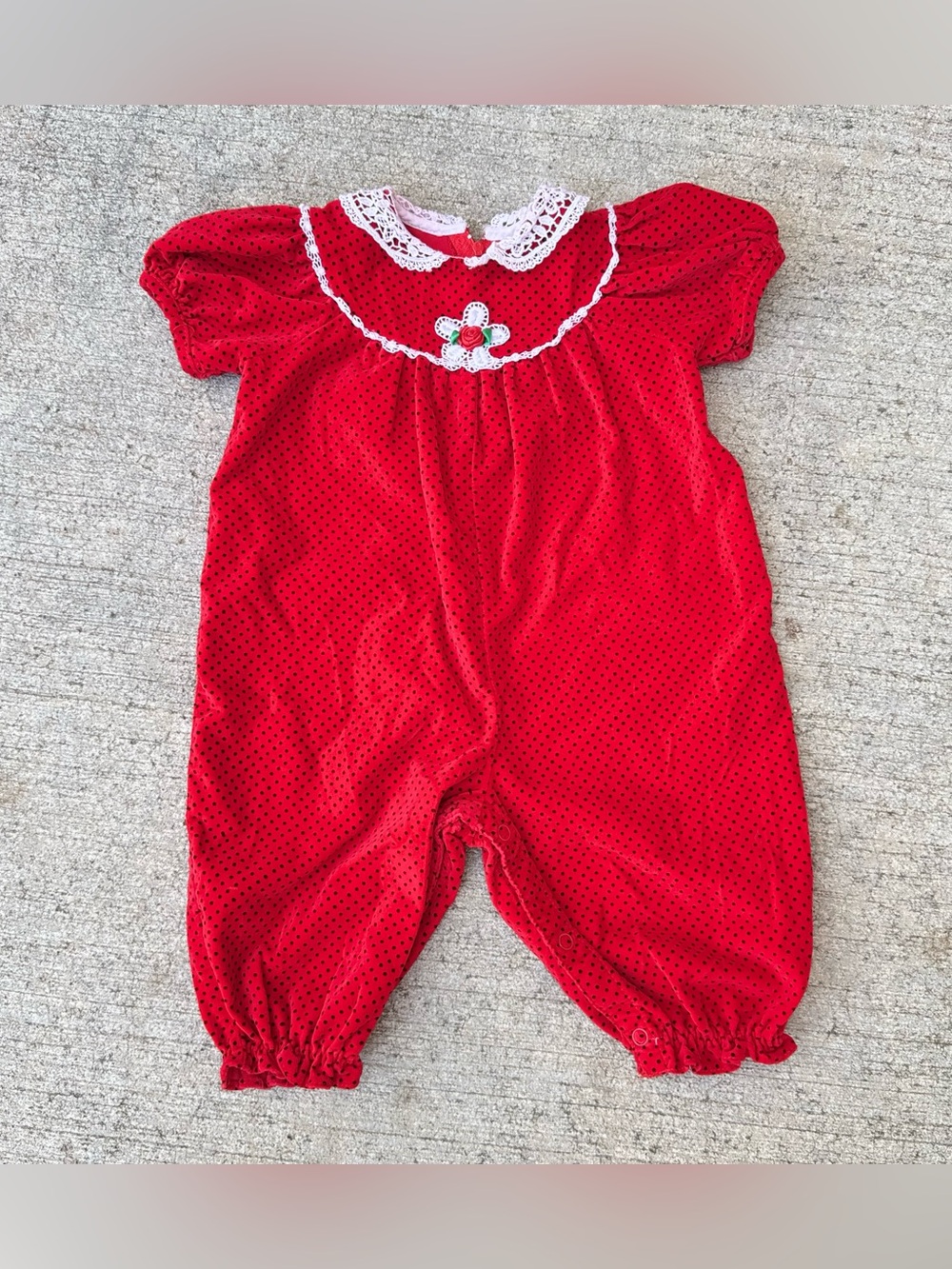 Vintage 80s Red W/ Black Polka Dot White Lace Bubble Baby Girl Romper 6-9 Months